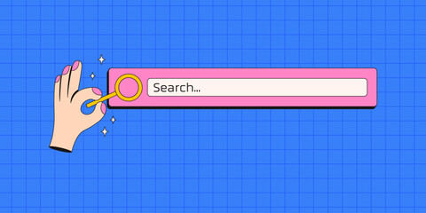 Fototapete - Search window. User interface in retro neobrutalism style. Y2k elements for UI UX design. A cartoon hand holds a magnifying glass.