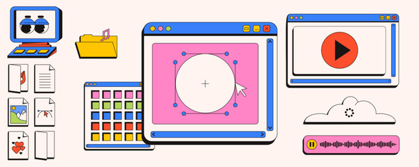 Fototapete - Computer desktop in 90's style. Y2K web and graphic design concept. App windows, shortcuts, icons. Trendy style of neobrutalism.