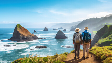 Travel Lifestyle and survival concept rear view. Couple of senior tourists walking along the path up the hill along the seashore on a warm summer day, a back view. Copy space.