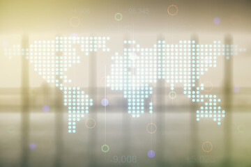 Poster - Double exposure of abstract digital world map on empty modern office background, research and strategy concept