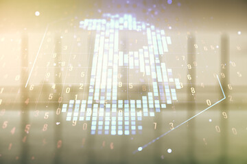 Poster - Virtual Bitcoin sketch on modern interior background. Double exposure