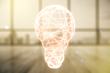 Poster - Virtual Idea concept with light bulb illustration on empty corporate office background. Multiexposure