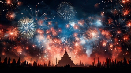 Firework display which is a festival event on Guy Fawkes bonfire night and the New Year's eve for people to celebrate and have fun with exploding rockets, computer Generative AI stock illustration