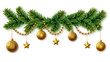 Christmas decor with of pine branches, garland and Christmas toys on transparent background. Png. Illustration for poster, banner, cards