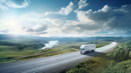 Photo white truck drive on road on stunning picturesque nature landscape. Online cargo delivery service, logistics or tracking app concept.