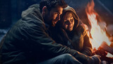 Fototapeta  - Young couple camping in the woods. Husband and wife sitting next to a campfire, wearing warm winter jackets and hugging