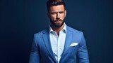 Fototapeta  - A handsome businessman in his 30s, wearing an elegant blue suit and white shirt, with a determined and serious look on his face. Dark indigo blue studio wall background