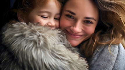 Wall Mural - Close up photography of a mother and her beautiful young daughter hugging and smiling. Happy family concept.