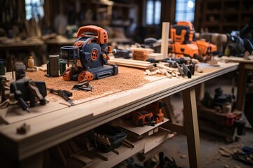 Wall Mural - Carpenter's work table, Wood shavings with a arranged set of tools and plenty of space for product.