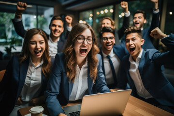 Canvas Print - A group of managers celebrating their success in an office environment.