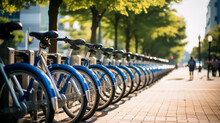 A Bicycle Rental Station In The City Where You Can Rent Clean And Well-maintained Bicycles. Ai Generative