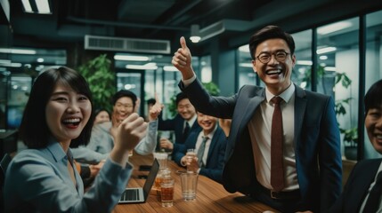Poster - Asian office workers happily giving each other a high five in the office during a cheerful moment.