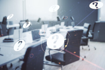 Aufkleber - Abstract virtual question mark hologram on a modern furnished classroom background, future technology concept. Multi exposure