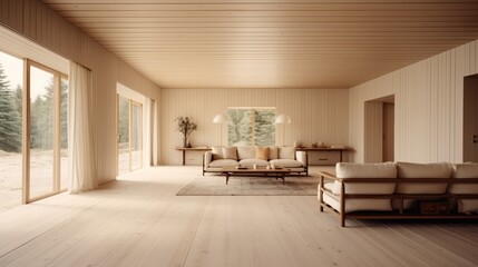 Wall Mural - An interior of a home with a wooden ceiling and floor.