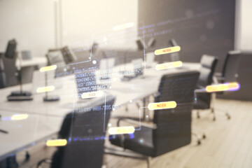 Poster - Abstract virtual coding illustration on a modern furnished classroom background, software development concept. Multiexposure