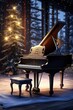 Classical grand piano in Christmas decorated interior with warm lights. Cozy winter evening with classical instrument and festive decorations.
