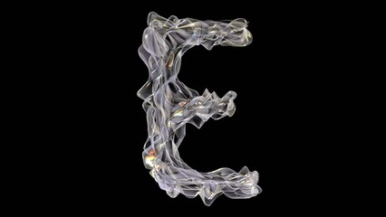 Wall Mural - 3D glass alphabet letter e with light dispersion animation isolated on black background