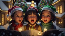 3  Girls Singing.  Generative AI. Video Of Three Animated Cartoon Asian Girls Singing Outdoors In The Snow At Christmastime.