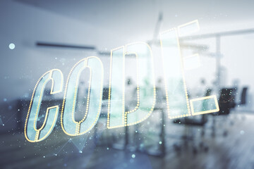 Poster - Code word hologram on modern corporate office background, artificial intelligence and neural networks concept. Multiexposure