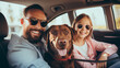 a family is traveling in a car with their dog on vacation. ai generative