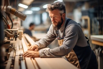 Wall Mural - Carpenter at work at a machine in a modern woodwork factory.