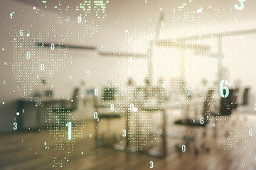 Poster - Double exposure of abstract creative programming illustration and world map on a modern furnished office interior background, big data and blockchain concept