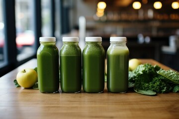 Poster - AI generated illustration of green juice bottles with apples placed beside them on a table