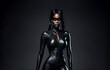 Sensual black lady wearing a sensual bondage catwoman costume Mysterious villain in cat ears, latex bdsm jumpsuit and mask