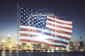Poster - Virtual creative artificial Intelligence hologram with human brain sketch on US flag and skyline background. Double exposure