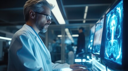 Poster - Doctor working and checking on big screen in futuristic lab hospital, High tech healthcare.