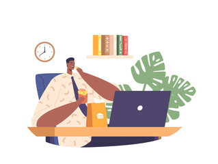 Poster - Man Devours Crispy French Fries At His Desk, In The Busy Office. Hungry African American Male Character Indulging