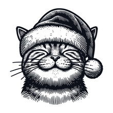 Happy Smiling Cat Wearing A Christmas Hat Sketch
