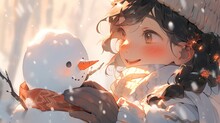 Cute Little Girl Playing With Snowman On A Christmas Day, Illustration, Suitable For Wallpaper