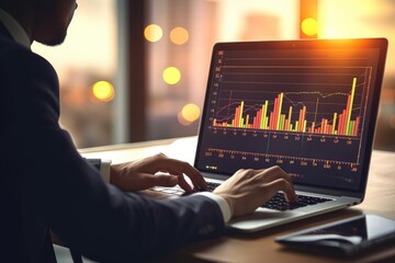 Poster - Businessman investor working on laptop computer financial with graphic graph chart diagram, market.