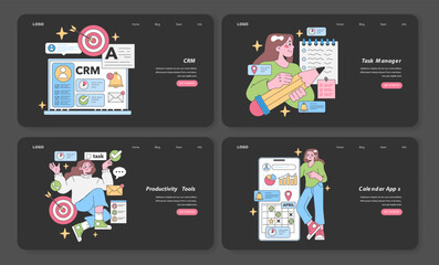Poster - Productivity Apps set. Visualize CRM solutions and task management. User juggles tasks, plans with calendar tools. Work efficiency, time management. Flat vector illustration.