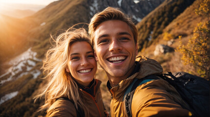 Wall Mural - portrait of happy hiker couple taking selfie photo on top of mountain, Two travelers with backpack smiling at camera together, Influential travel blogger streaming using smart mobile phone
