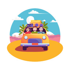 Canvas Print - Cartoon Color Characters Friends Car Trip Summer Travel or Vacation by Automobile Adventure Concept Flat Design Style. Vector illustration