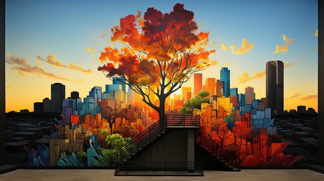 staircase with copy space against a background of bright wood and a colorful city