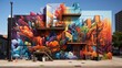 Beautiful street art graffiti style. The wall is decorated with abstract drawings of multi-colored paint. Abstract stylish painting on the wall