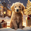 Golden retriever puppy with christmas gift generative ai