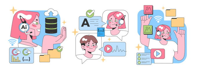 Poster - Digital Assistance set. Characters interact with AI and technology. Exploring data, managing tasks, virtual communication. Visual content and device usage. Flat vector illustration.