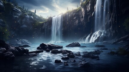 Wall Mural - An image capturing the ethereal beauty of a moonlit waterfall, its silvery waters creating a mystical, otherworldly scene.