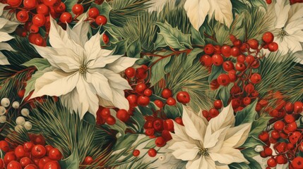 Wall Mural -  a painting of holly and poinsettis with red berries and green leaves on a white background with red berries and white poinsettis.