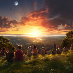 Wall Mural - People watching the sunset from a hill.