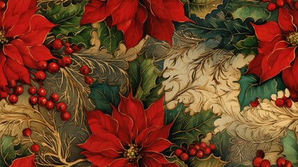 Poster -  a christmas themed wallpaper with poinsettis, holly, and berries on a green and red background.