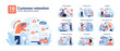 Customer retention set. Comprehensive tactics from loyalty programs to feedback loops. Upselling strategies, NPS analysis, and segmented support. Enhancing brand loyalty. Flat vector illustration.