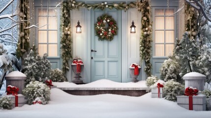 Canvas Print -  a blue front door decorated for christmas with a wreath and wreath on the door and a red bow on the front of the door.