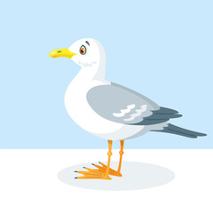 Poster - One cute white seagull sits. In cartoon style. Isolated on blue background. Vector flat illustration