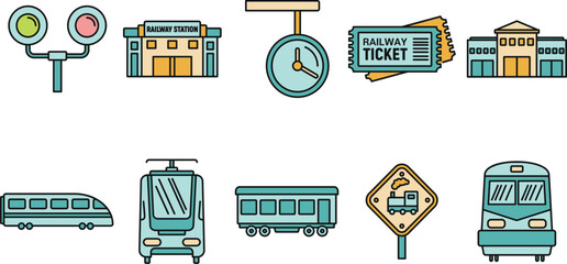 Poster - railway train station icons set. outline set of railway train station vector icons thin line color f