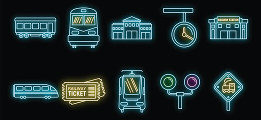 Poster - railway train station icons set. outline set of railway train station vector icons neon color on bla